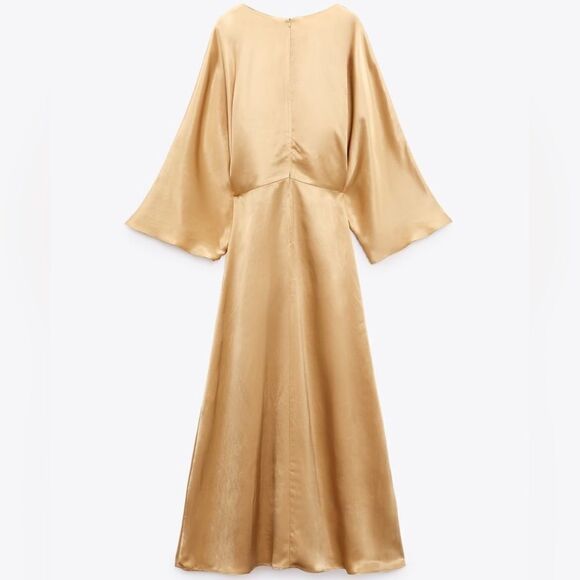 Zara Satin Gold Midi Knot Dress New - Picture 4 of 12